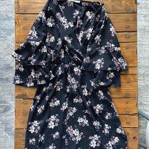 Black Flowered Dress with Bell Sleeves